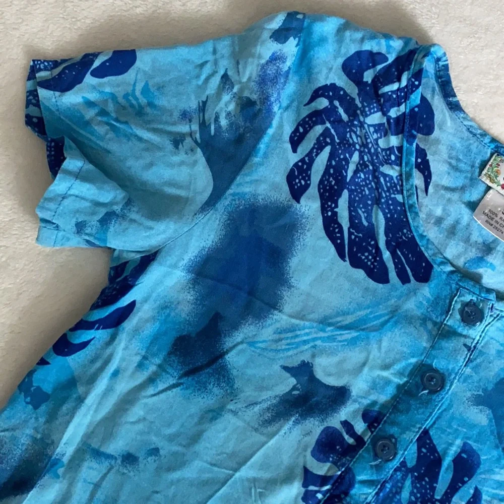 {VTG} Desert Shores | Tropical Palm Tree Leaf Print Short Sleeve Midi Dress Blue - Picture 3 of 15